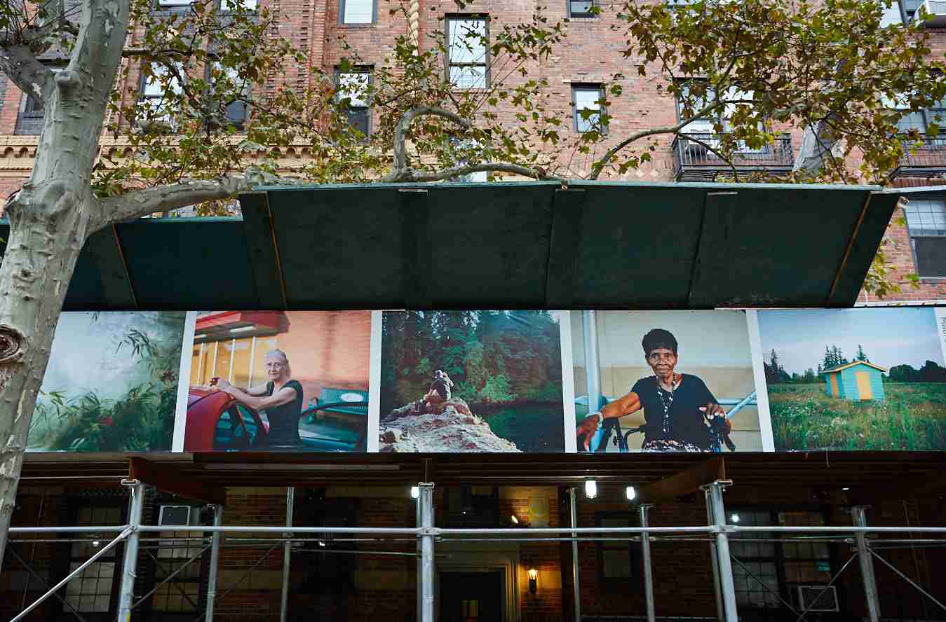 Photos on a green scaffold