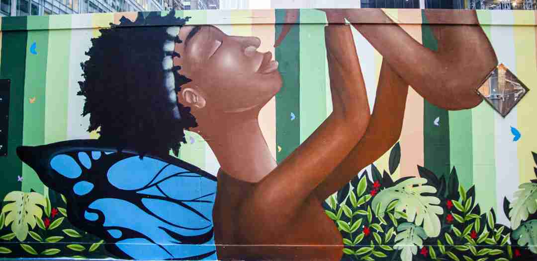 A painted representation of Sandra Bland playing the saxophone. Painted by Alexandre Keto. Photo by Pascal DuBois.
